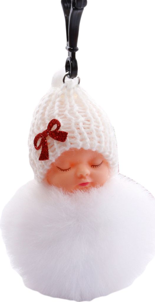 Süßes schlafendes Baby, flauschiges Fell, Plüschpuppe, Anhänger, Schlüsselanhänger, Schlüsselanhänger, Handtasche, Dekoration-Weiß