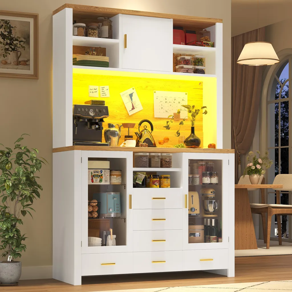 Vaisselier de cuisine 120cm blanc pour coin café et micro-ondes avec LED