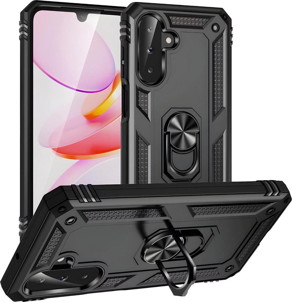 A black protective phone case with a ring holder is shown from multiple angles.