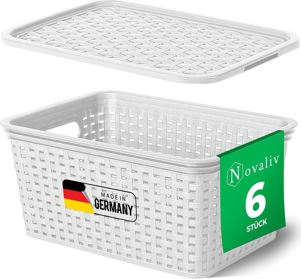 Novaliv 6er Set Aufbewahrungsboxen mit Deckel Klein 5L Korb Weiß in Rattan Design Lebensmittelecht Aufbewahrungskorb Stapelboxen Nestbar Kunststof...