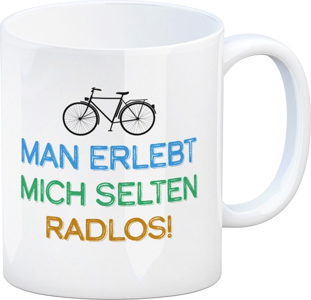 Man erlebt mich selten radlos Kaffeebecher mit Fahrrad Produktbild 