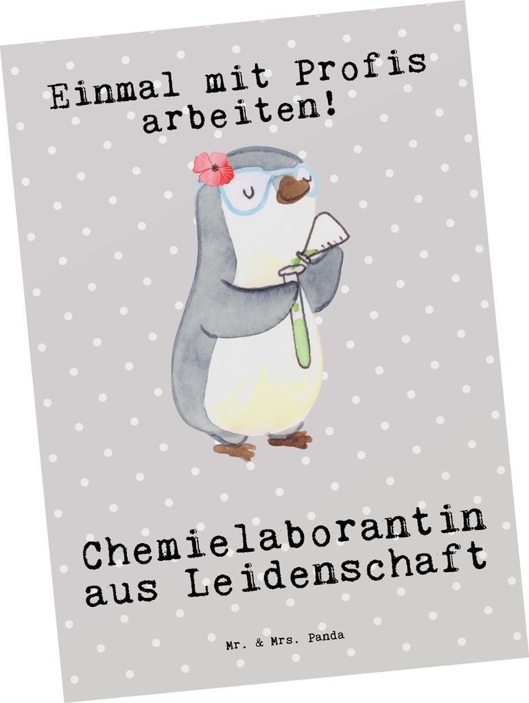 Mr. & Mrs. Panda Postkarte Chemielaborantin Leidenschaft - Grau Pastell - Geschenk, Forschung, Studium, Ansichtskarte, einzelkarte, Labor, Postkart...