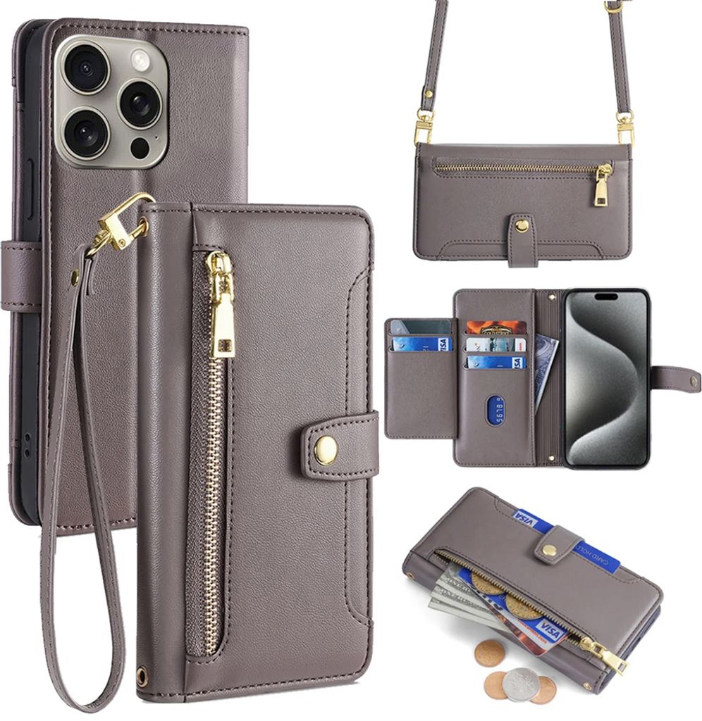 Handykette iPhone Hülle mit Band Handyhülle Kartenfächer Kunstleder Umhängetasche iPhone 15 Pro Max Grau