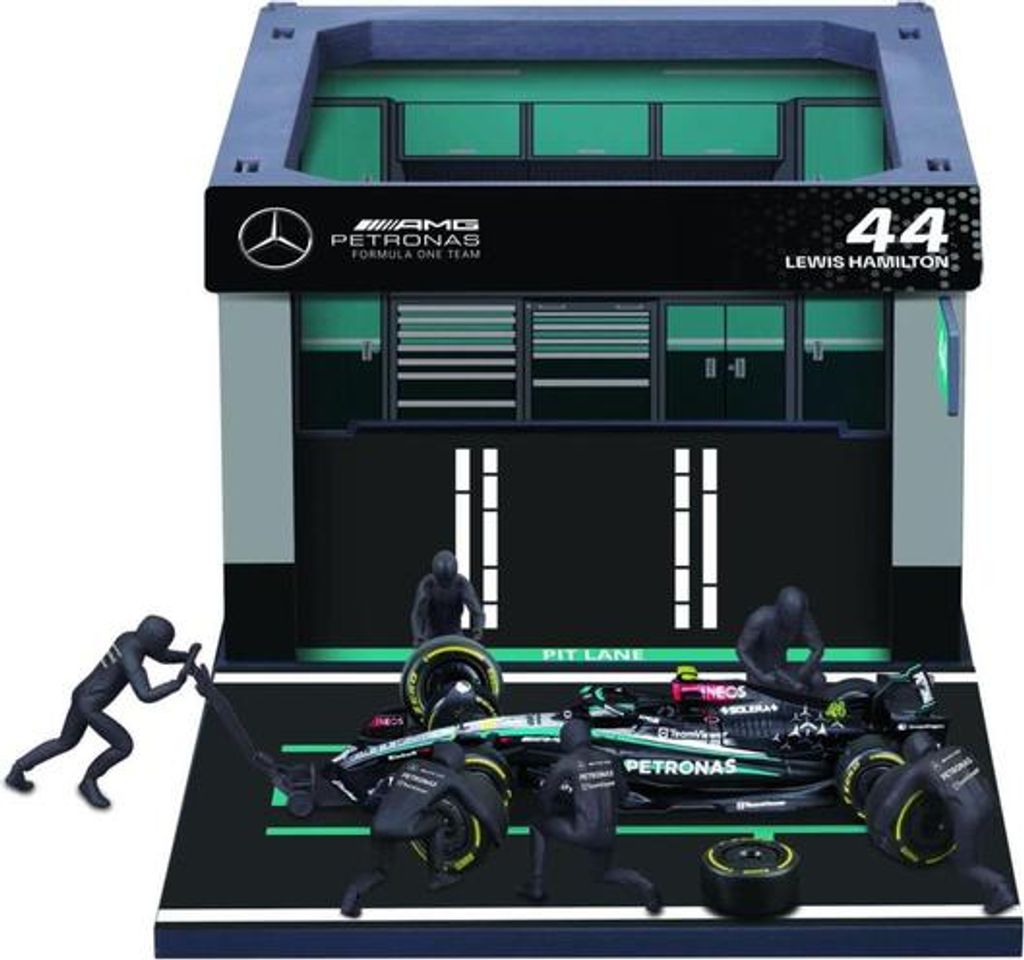 Bburago F1 Mercedes AMG W15 2024 Pitstop Diorama Hamilton Spielzeugauto