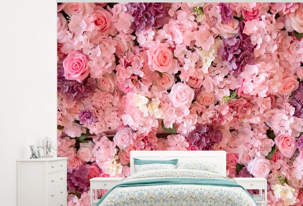 MuchoWow Fototapete für Wohnzimmer oder Schlafzimmer Wandtapete Vinyl Motivtapete Blumen - Rosa - Rosen - 375x300 cm - Tapezierpapier