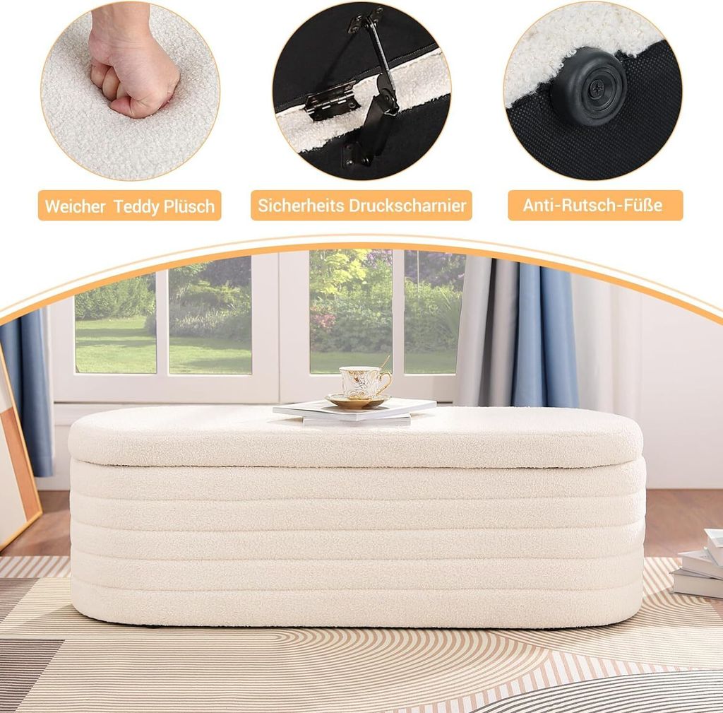 Sitzbank mit Stauraum, Schuhbank mit Sitzfläche, Teddystoff Produktbild 4