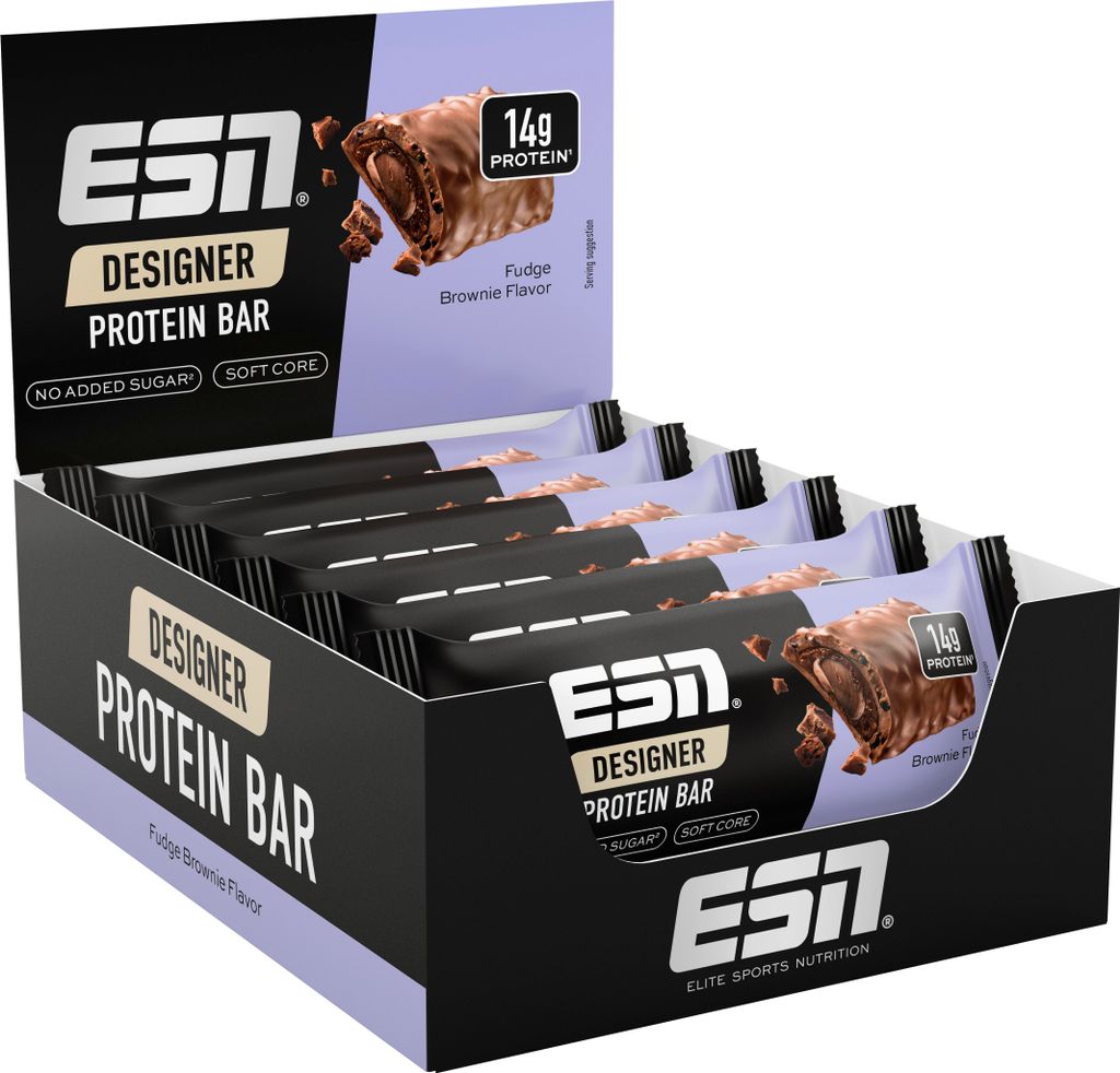 ESN Designer Bar Box, Fudge Brownie, 12 x 45 g, der ideale Snack mit bis zu 14 g Protein pro Riegel - Germany