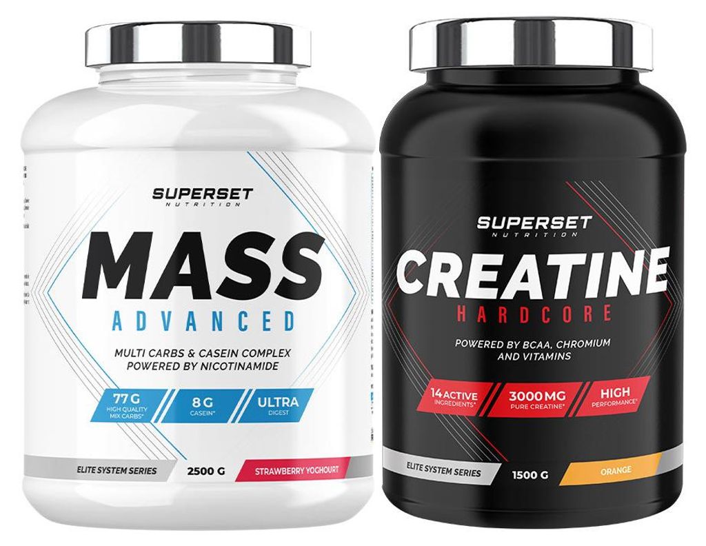 Fortgeschrittenes Masseaufbauprogramm - Mass Advanced 2,5kg Erdbeer-Joghurt - Kreatin Hardcore 1,5 kg Orange