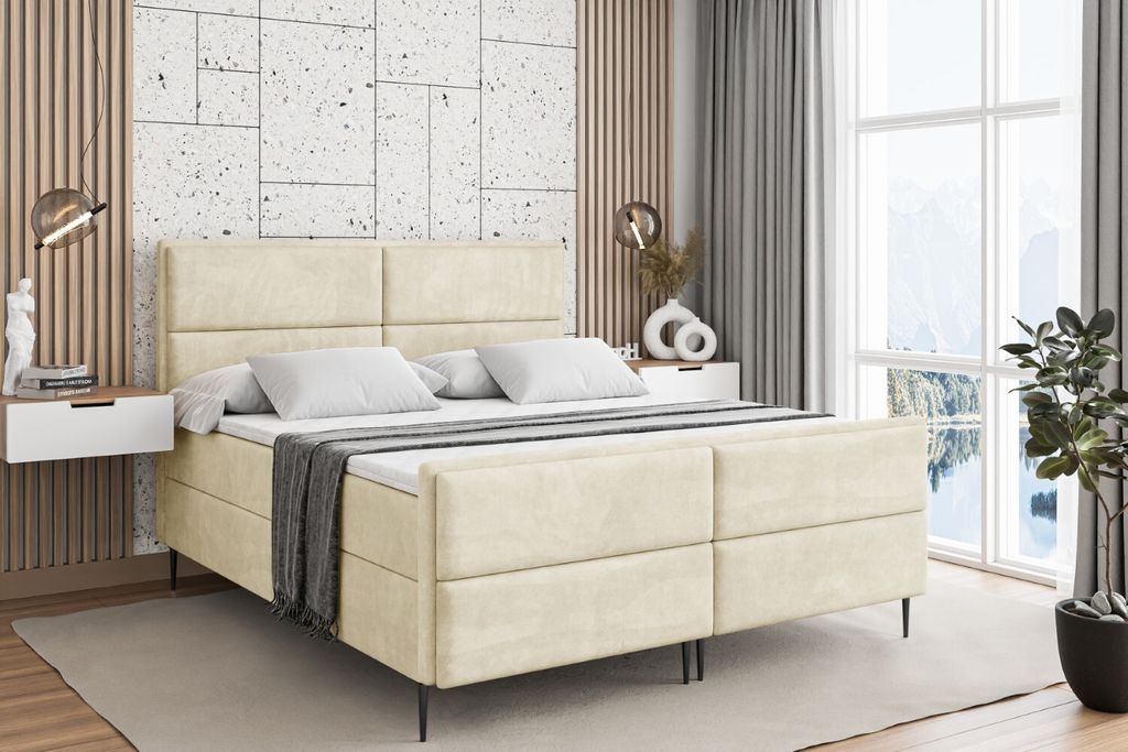 ALTDECOR Boxspringbett mit Schwarz Füßen, Matratze und Lattenrost, Topper, Fußteil, Polsterbett mit Bettkasten, Bett mit Stauraum H3-Matratze, D...