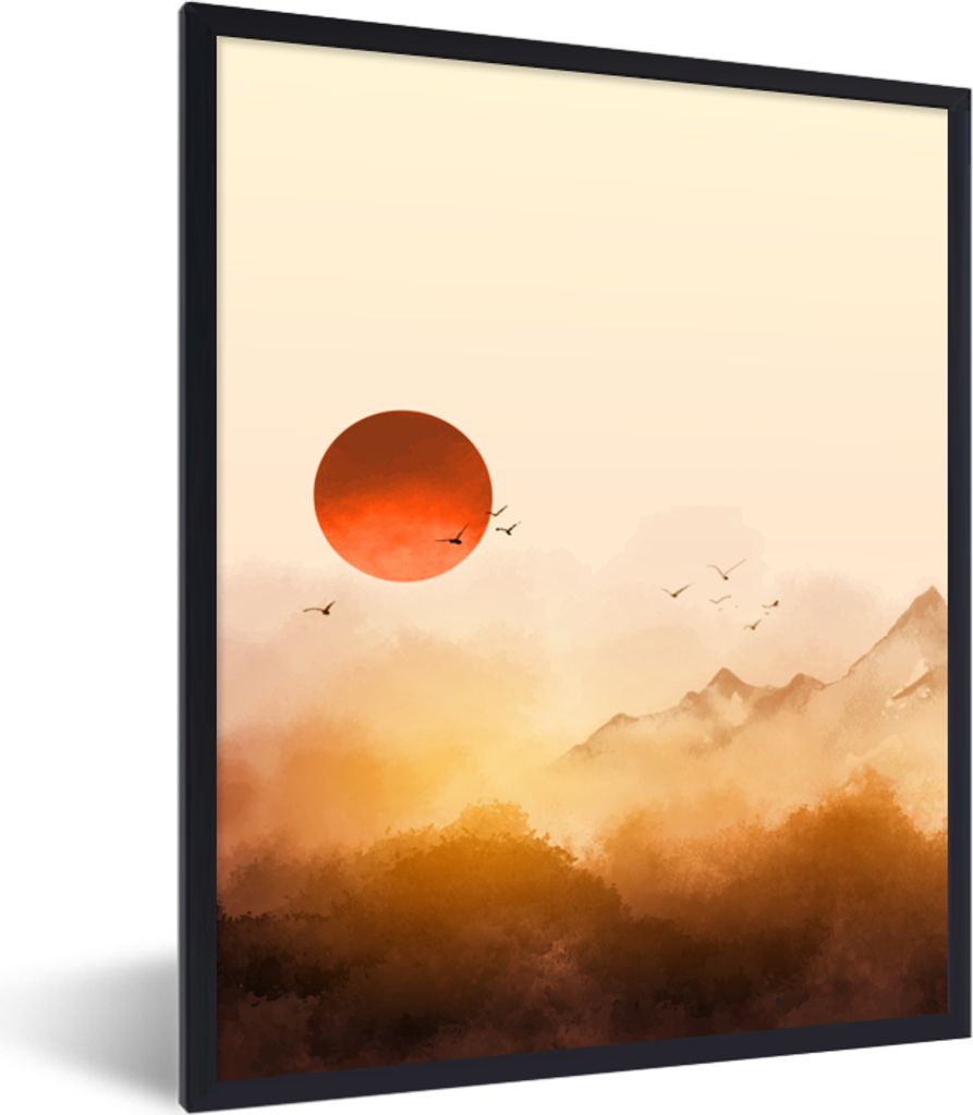 MuchoWow Gerahmtes Poster Malerei - Sonne - Landschaft - Vögel 30x40 cm - Poster mit Schwarzem Bilderrahmen Wandposter Rahmen Foto Bilder - Wand...