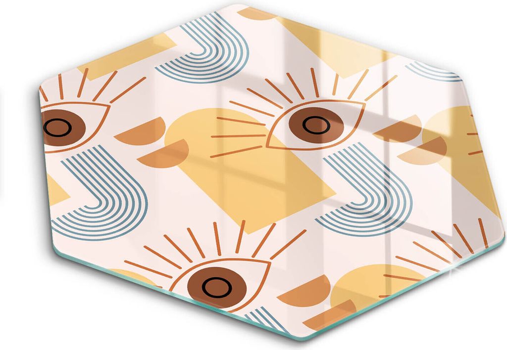 Glasschneideplatte - Herdabdeckplatte - Hexagon 40 cm -Schneidebrett - Spritzschutz - Boho Muster Augen