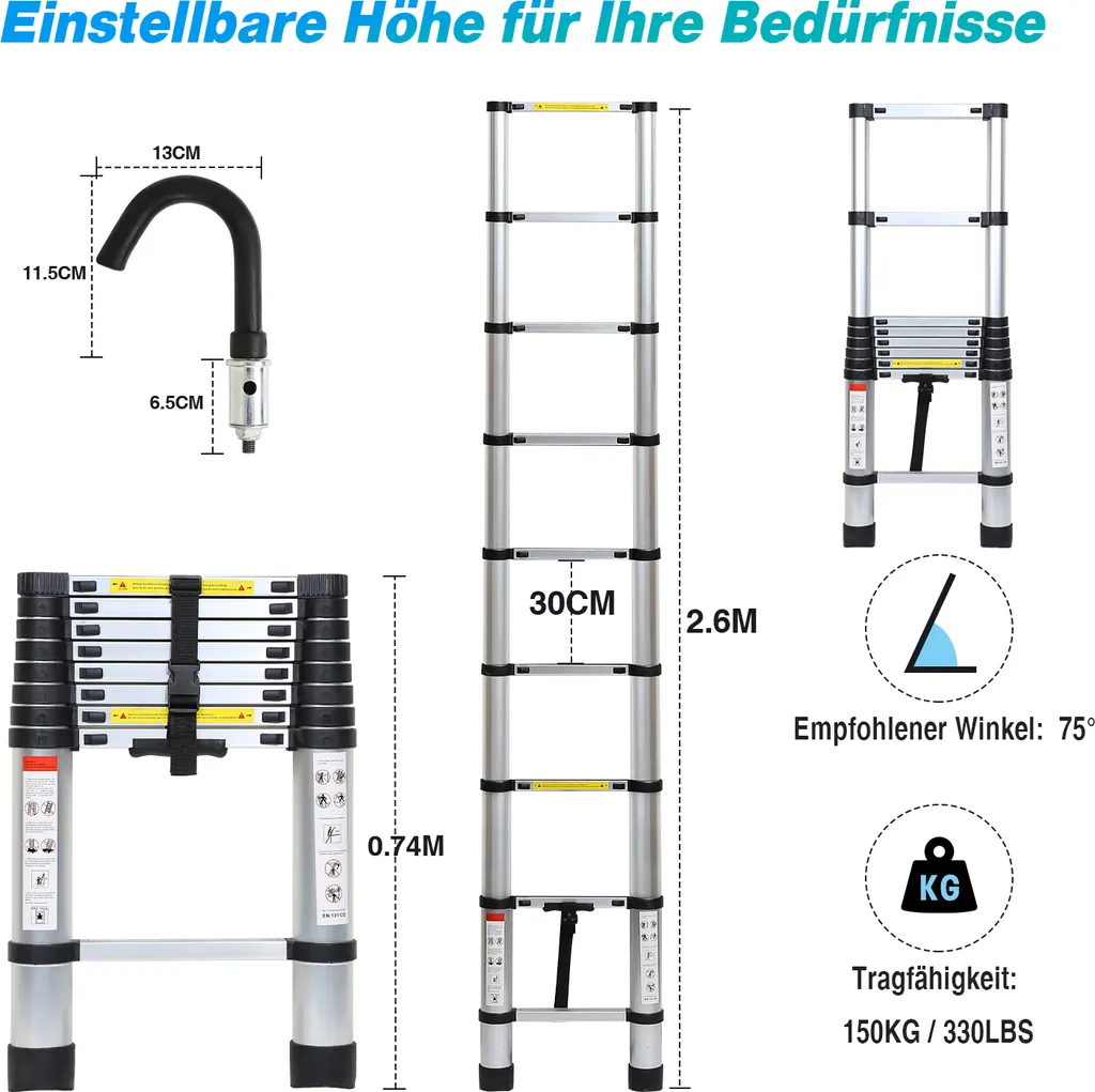 Escabeau Télescopique 2,6m Compact pour Gagner de l'Espace et Sécurité - 2