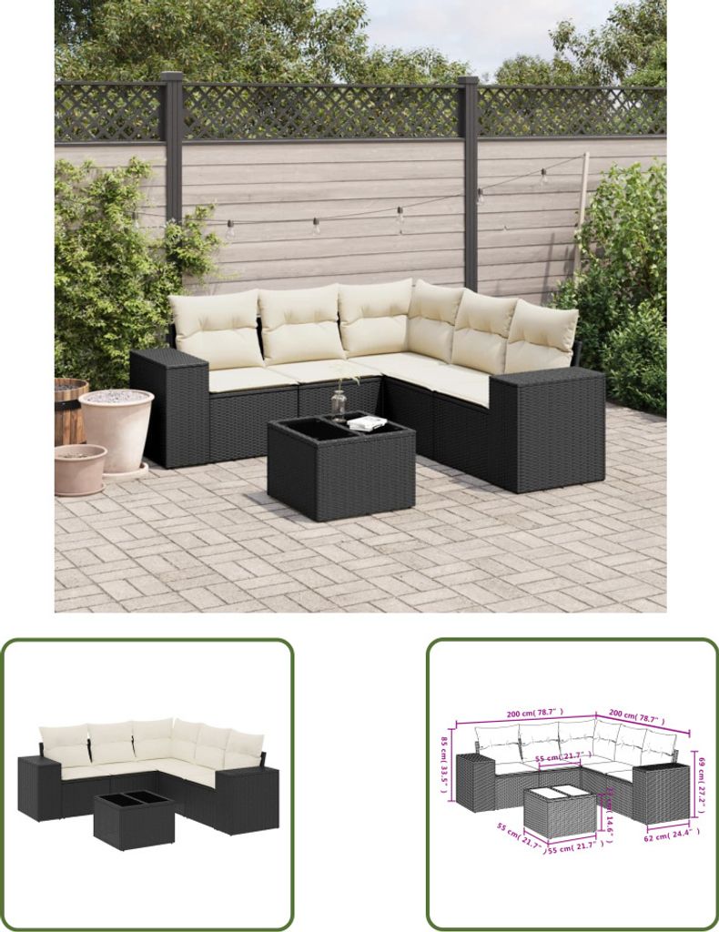 The Living Store 6-tlg. Garten-Sofagarnitur mit Kissen Schwarz Poly Rattan