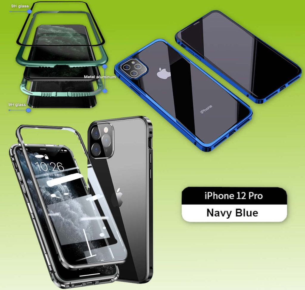 Beidseitiger Magnet Glas Handy Tasche Blau für Apple iPhone 12 Pro Max Etuis Neu