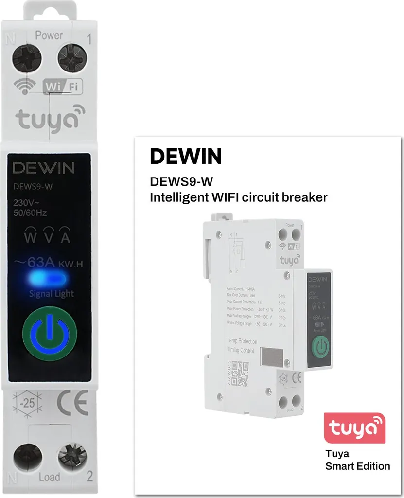 Disjoncteur connecté WiFi Tuya 40A avec compteur énergie rail DIN