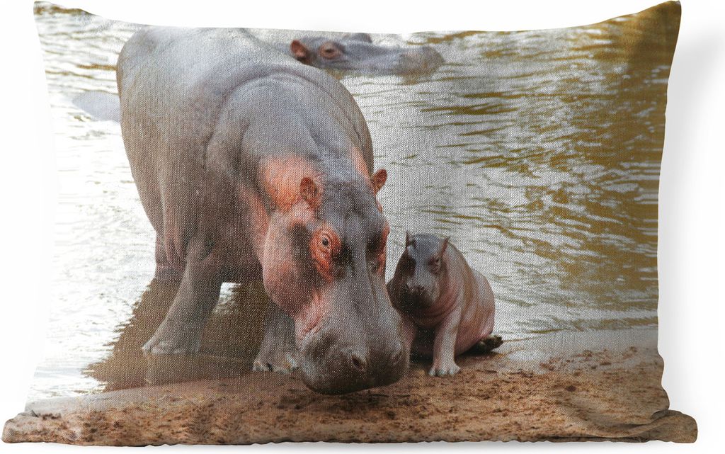 MuchoWow Outdoor Kissen - Tiere - Nilpferde - Baby - 50x30 cm - Wetterfest - Lounge Kissen - Sofa kissen - Wohnzimmer Dekoration