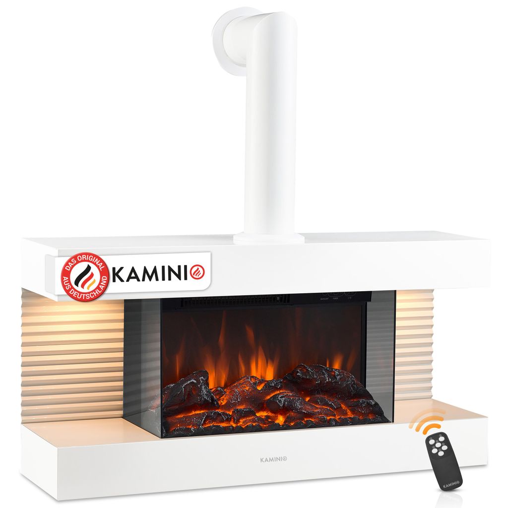 KAMINIO Elektrokamin LIZ mit Ofenrohr - Elektrischer Wandkamin mit Heizung, 3D-Flammeneffekt, LED-Ambientelicht, Fernbedienung - Weiß