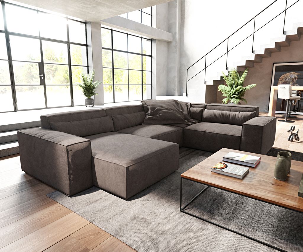 DELIFE Wohnlandschaft Sirpio 300x210 cm Mikrofaser Khakibraun Recamiere variabel