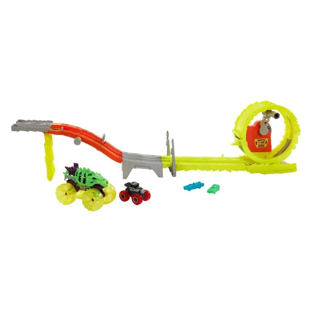 Hot Wheels Monster Trucks Power Poursuite Set de Jeu avec Crash Test