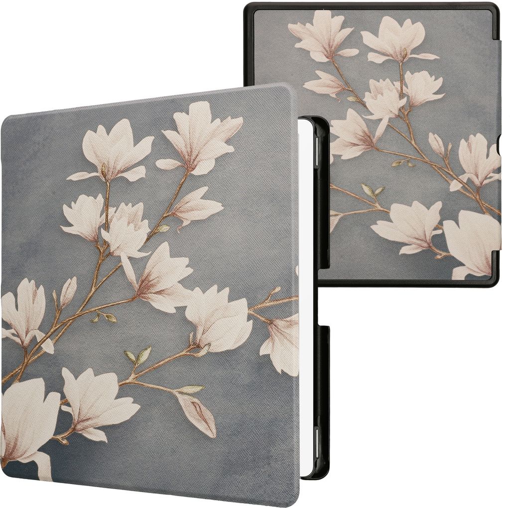 kwmobile Schutzhülle für Amazon Kindle Scribe (2024) Hülle - eReader Flip Case mit Auto Sleep Funktion - Magnolien mit Taupe Weiß Blaugrau