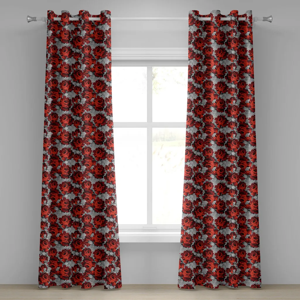 Rideau à œillets 2 panneaux motif pétales amour rouge gris et noir