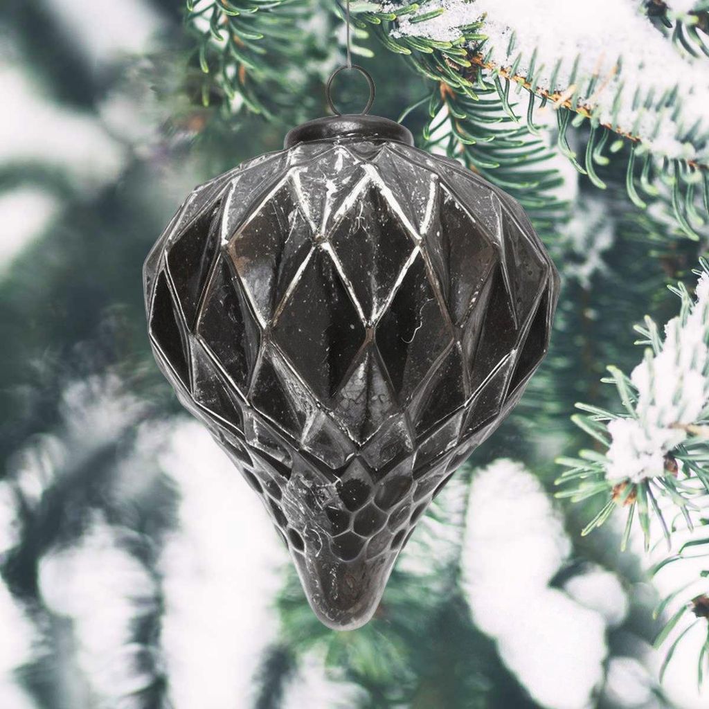 Weihnachtskugel Tropfen, schwarz glänzend facettiert, handgemacht Indien, H.22cm