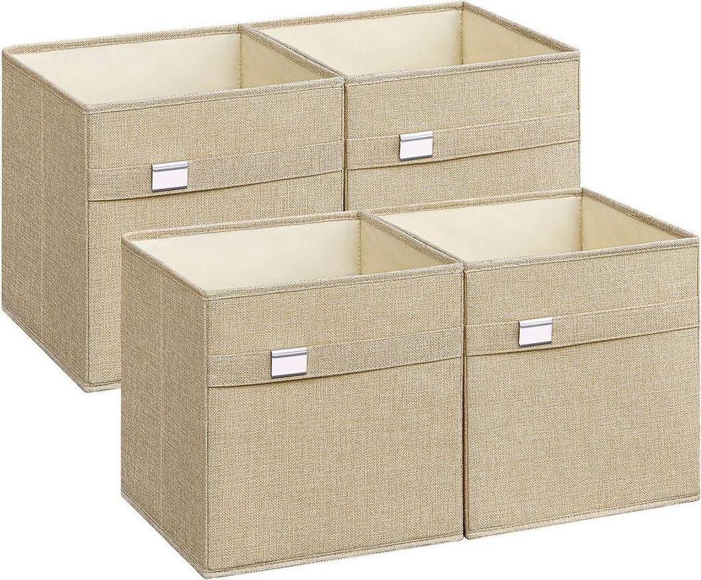 Set aus 4 Aufbewahrungsboxen aus Oxford-Gewebe und Leinenimitat, sandbeige