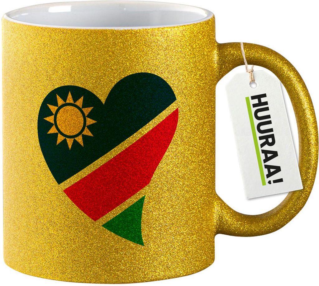 Huuraa Glitzertasse Namibia Flagge Herz 330ml Gold Keramik Kaffeebecher Geschenkidee