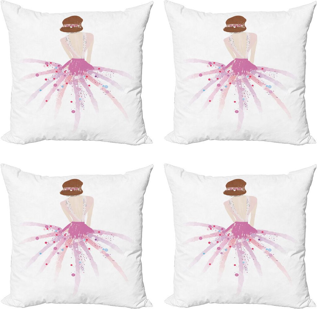 ABAKUHAUS Mode Kissenbezug Set (4 Stück), Glamour Modell in Rosa Kleid, Moderner Doppelseitiger Digitaldruck, 45 cm x 45 cm, Mehrfarbig