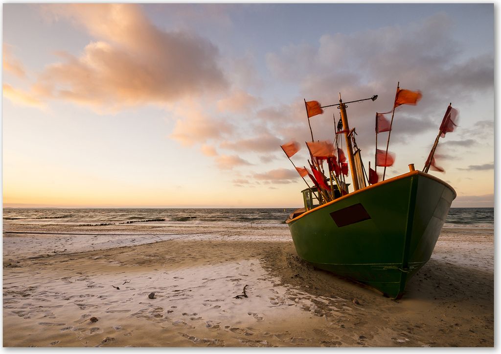 Tulup Glas-Bild - 100 x 70 - Wandbild aus Glas - Wandkunst - Wandbild hinter gehärtetem Sicherheitsglas - Landschaften - Fischerboot Strand - Grün