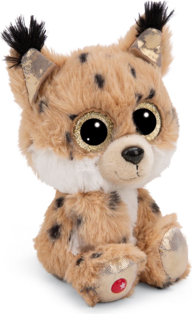 A plush toy lynx is sitting and facing the camera.