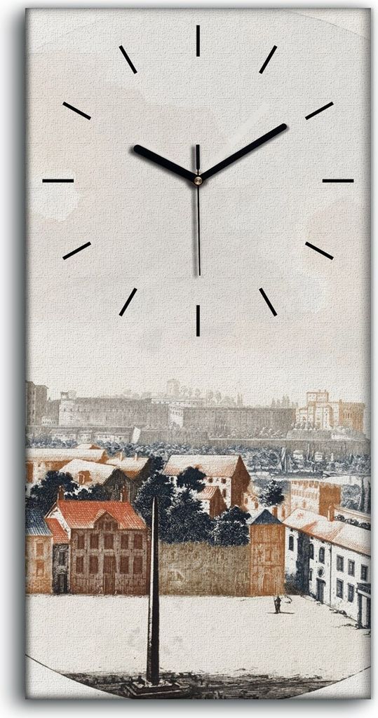 Wanduhr Uhr Wandbild Leinwand 30x60 Zeichnung Stadt Stadtbild Gebäude Himmel - schwarze Hände
