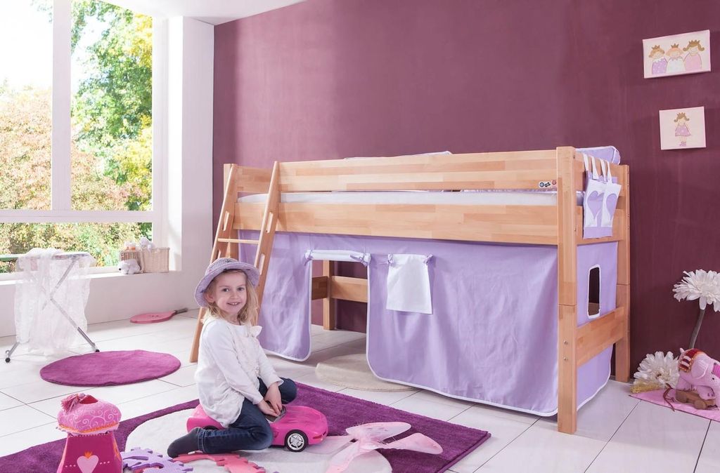 Halbhohes Einzelbett Kim Buche massiv lackiert 90x200 cm mit Textilset