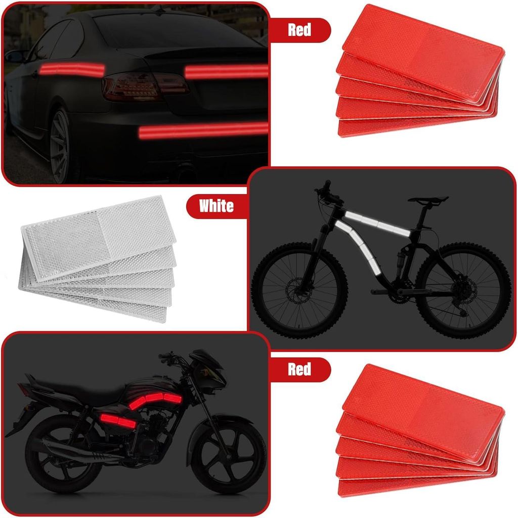 Rechteckige selbstklebende Reflektoren für Türpfosten, Anhänger und Motorräder - Set von 10 Stück (Weiß/Rot) mit reflektierender Sicherheitst...