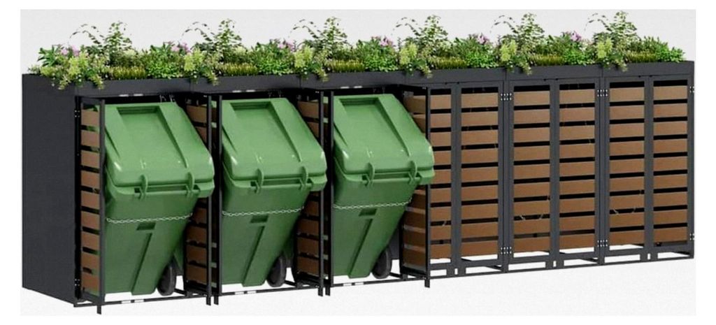 Müllbehälter für 3 Behälter in Anthrazit, für Garten und Terrasse, moderne Abfalllösung, belüftete Box, stilvoller Außenorganizer, platzspa...