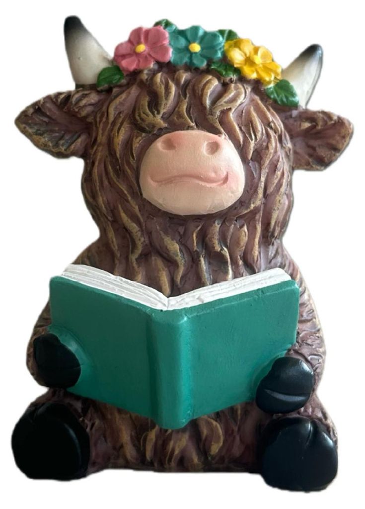 Hochlandrind-Figur, lesendes Buch, Rinder-Harzstatue, Skulptur, Heim- oder Bürodekoration, Ornament, Geschenk für Bücherliebhaber