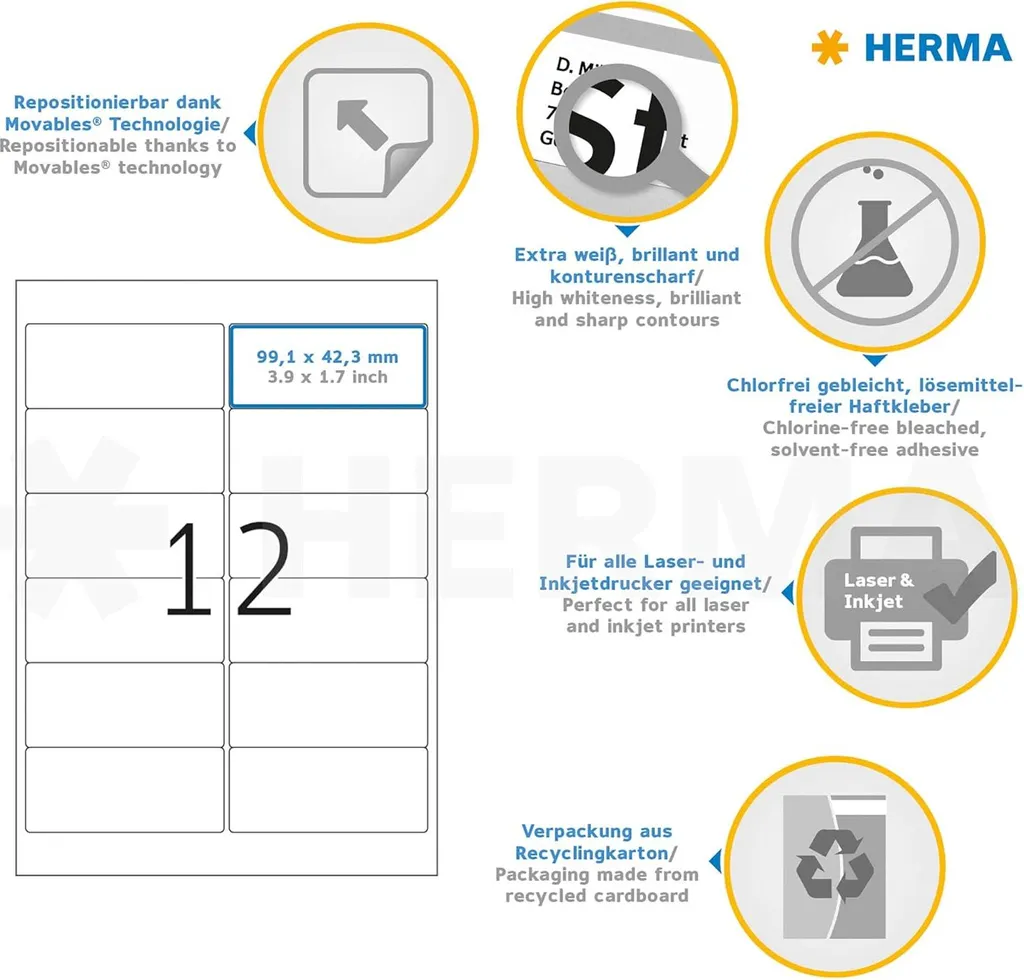 HERMA 99,1x42,3 mm Etichette Universali A4 - Alta Velocità Stampa - 10