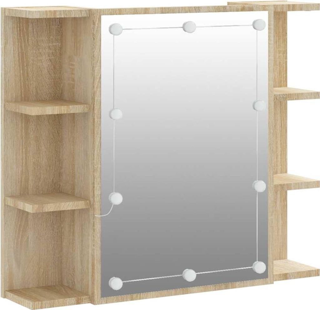 A studio product shot of a wall-mounted mirror with attached shelves and lights.