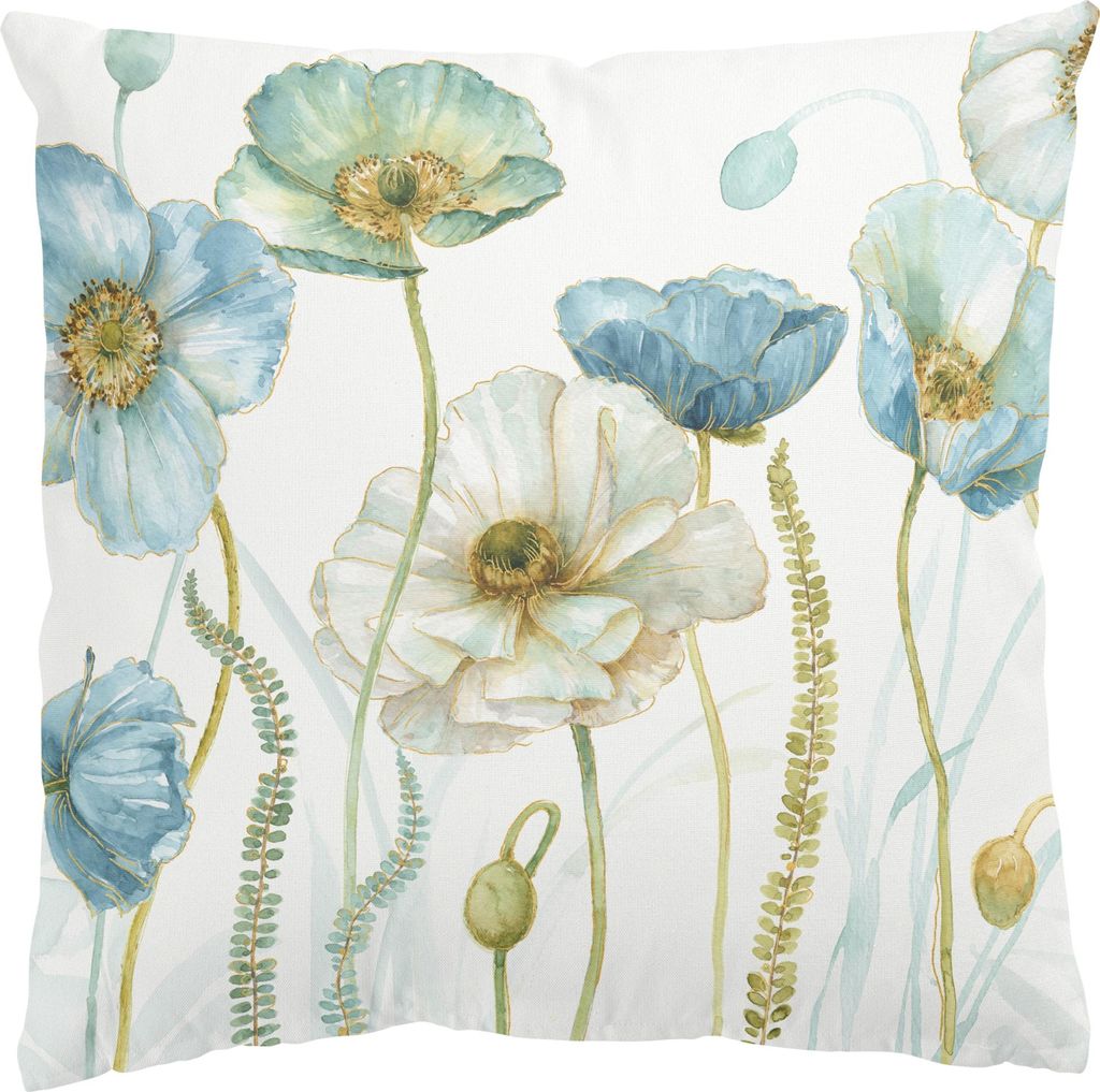Dekokissen Blumen draußen / Outdoor Zierkissen waschbar Blumenwiese blau Sofakissen mit Füllung