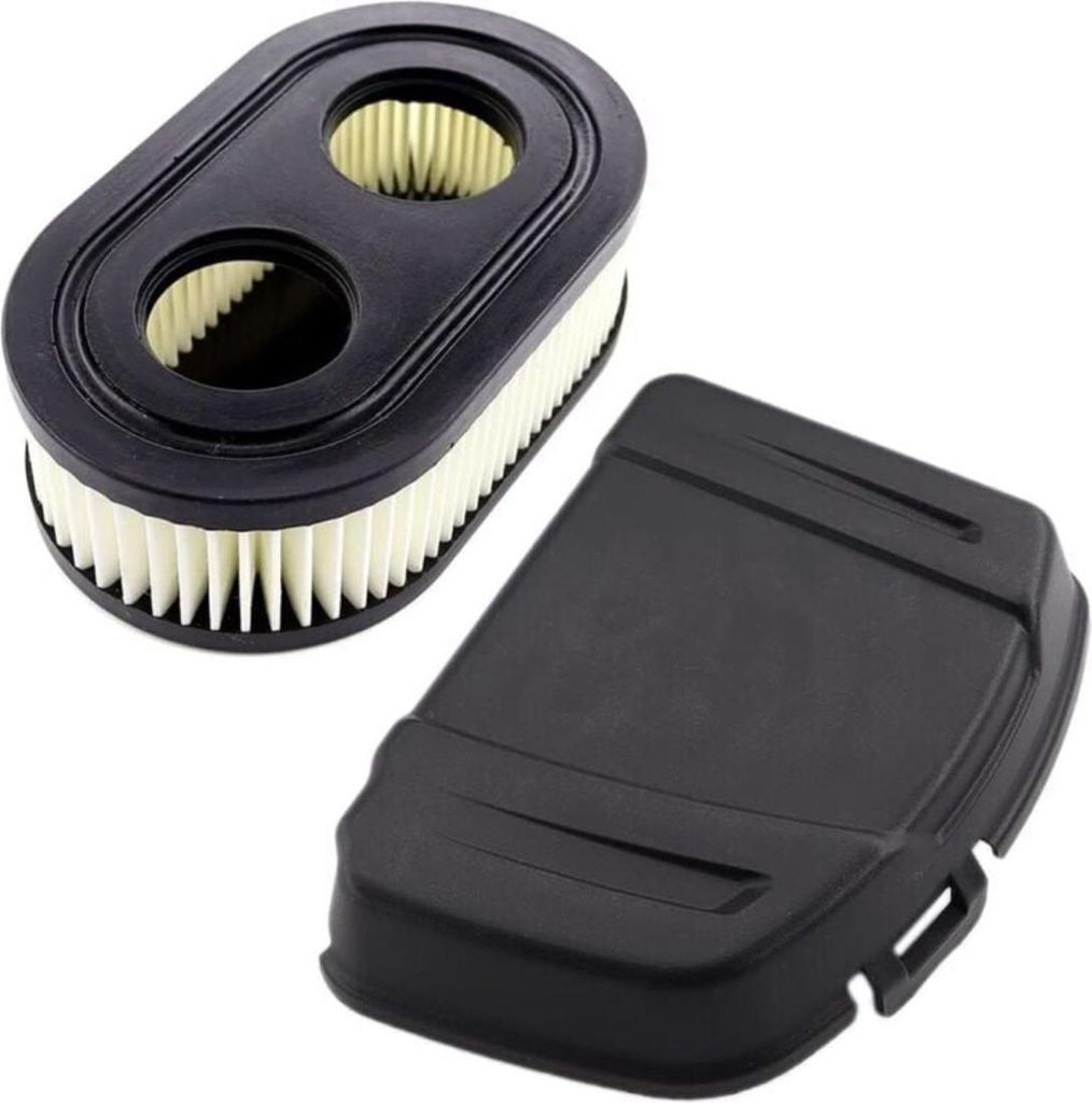 A black air filter and a black cover are shown on a white background.