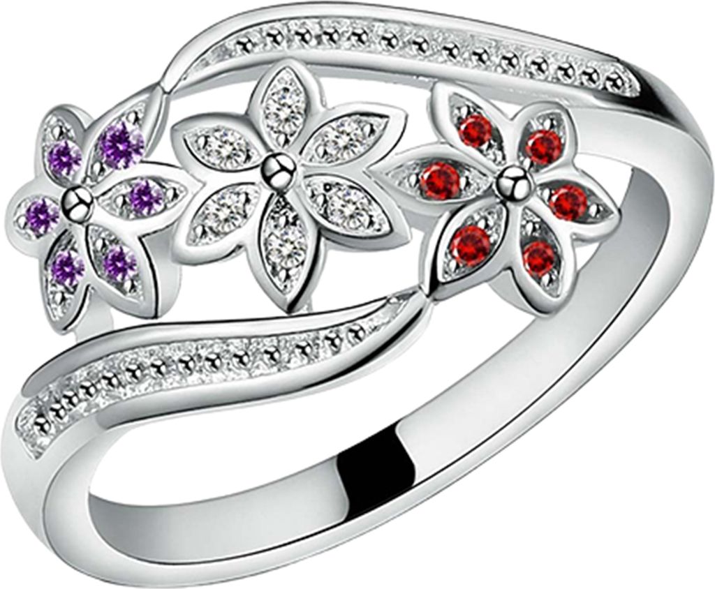 Ring, versilbert, Blumen-Design, Zirkonia, eingelegt, glänzend, modischer Damenring für Hochzeit- Silber,US 9