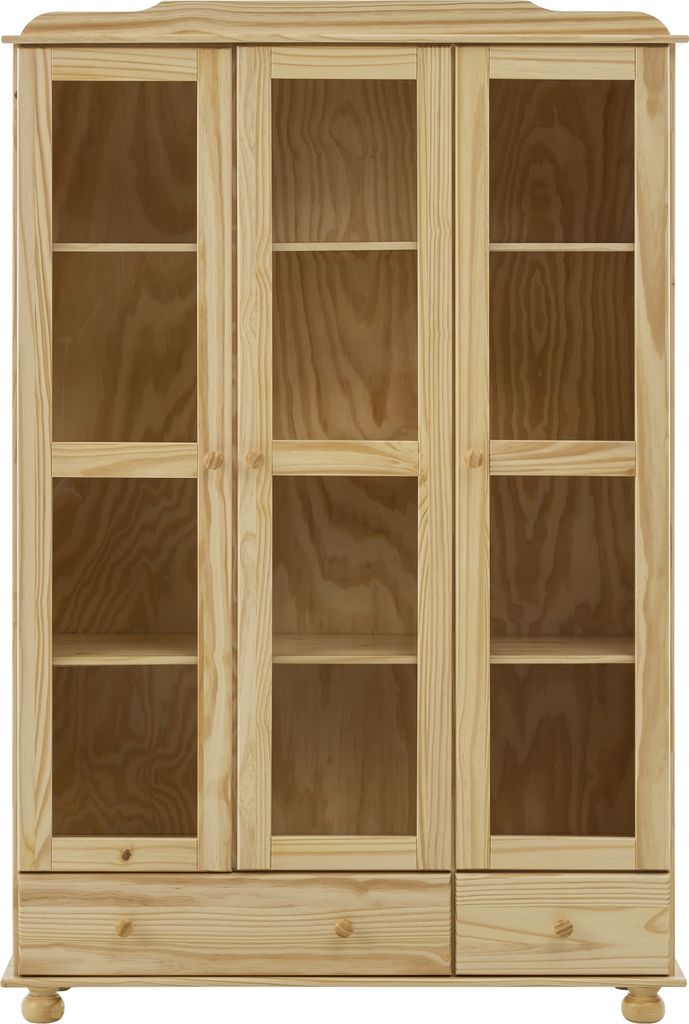 Möbilia Vitrine | 3 Türen mit Glaseinsatz, 2 Schubladen | Kiefer-Holz massiv | B 126 x T 35 x H 189 cm | natur | 19020013 | Serie VITRINE