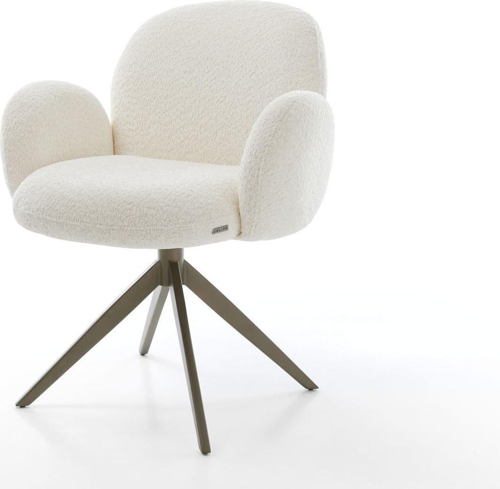 DELIFE Drehstuhl Nube-Flex mit Armlehnen Bouclé Weiß Kreuzgestell breit Effektfinish Titan 360° drehbar Wippfunktion Taschenfederkern