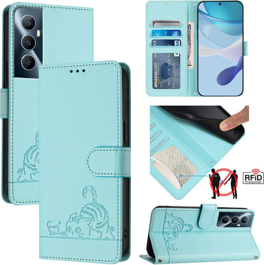 Leder Hülle für Realme C65 4G Süße Katze Flip Case Brieftasche Schutzhülle mit Standfunktion hellgrün