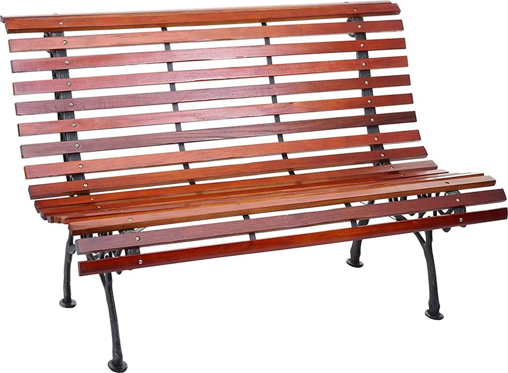 A wooden park bench with black metal legs, shown against a white background.