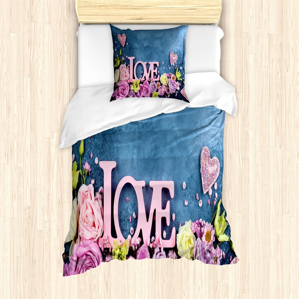 ABAKUHAUS Set copripiumino vintage rosa per letti singoli, bouquet di San Valentino, antiacaro, adatto a chi soffre di allergie, con federa, 135 cm x 200 cm - 80 x 80 cm, rosa baby-ardesia-blu