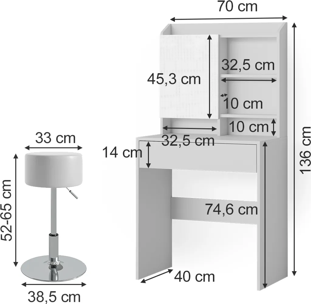 Coiffeuse Vicco Laura Blanc 70cm avec Tabouret - Modèle 38281 Chic - 3