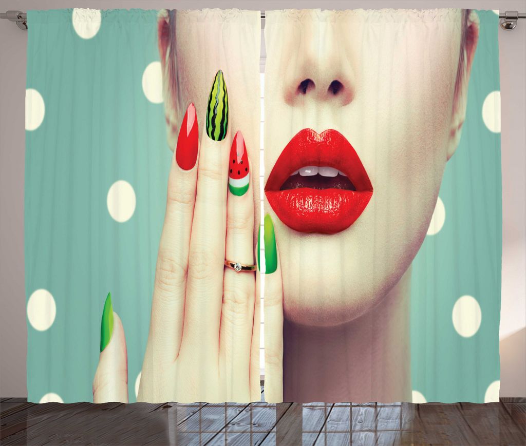 ABAKUHAUS Lippen Rustikaler Gardine, Watermelon Nail Art und Make-up, Schlafzimmer Kräuselband Vorhang mit Schlaufen und Haken, 280 x 175 cm, Mehr...