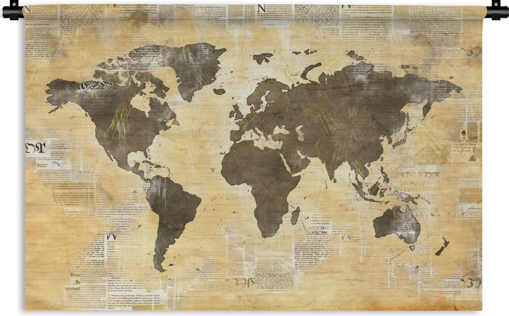MuchoWow Wandteppich Wandbehang Weltkarte - Zeitung - Gold 120x80 cm Tapisserie Dekoration Wandtuch - Wanddekorationen - Wandtücher