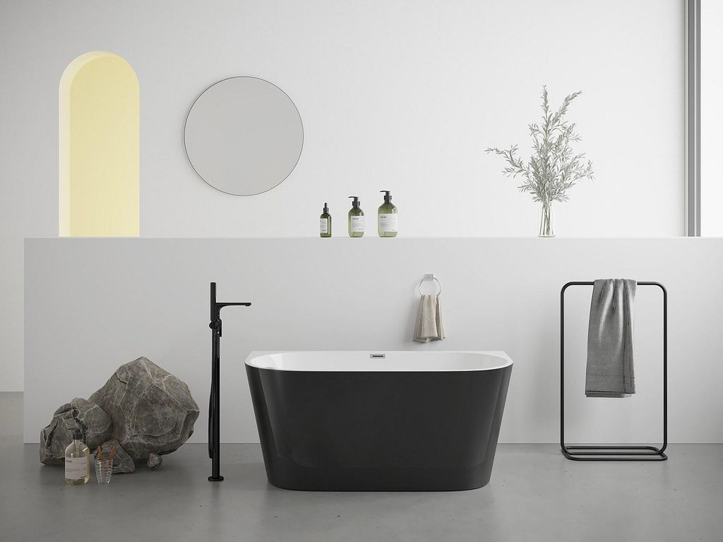 Wandhängende freistehende Badewanne - 255 l - 180 x 75 x 58 cm - Schwarz glänzend - Acryl - DIVINA